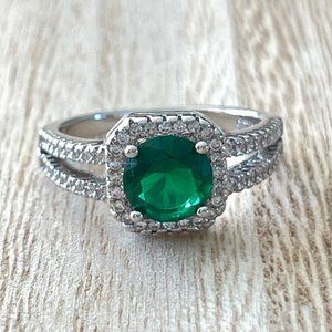 Round Simulated Emerald Halo Ring w/ Split Shank - 925 Sterling Silver